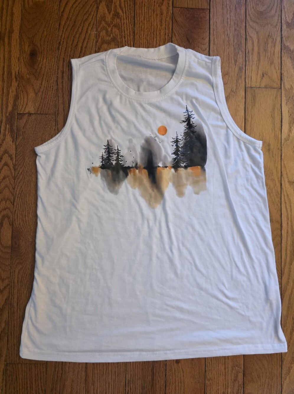 Women's White Tank Top with Forest Sunset Graphic